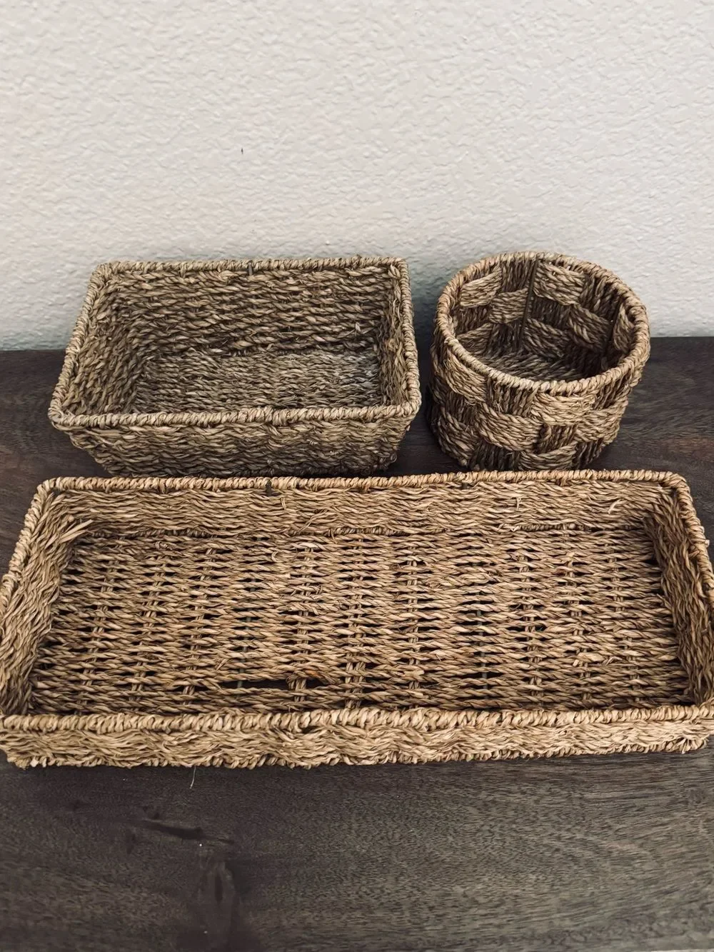 3-pc Tan Woven Storage Organizer Tray Baskets